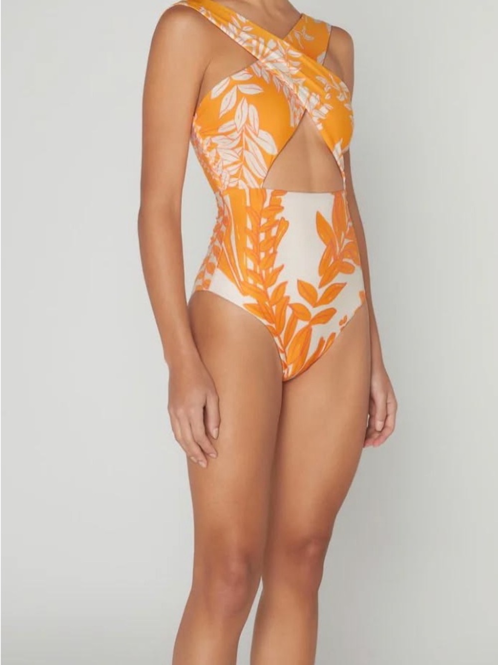 Tropical Orange Leaf Crisscross One-Piece Swimsuit